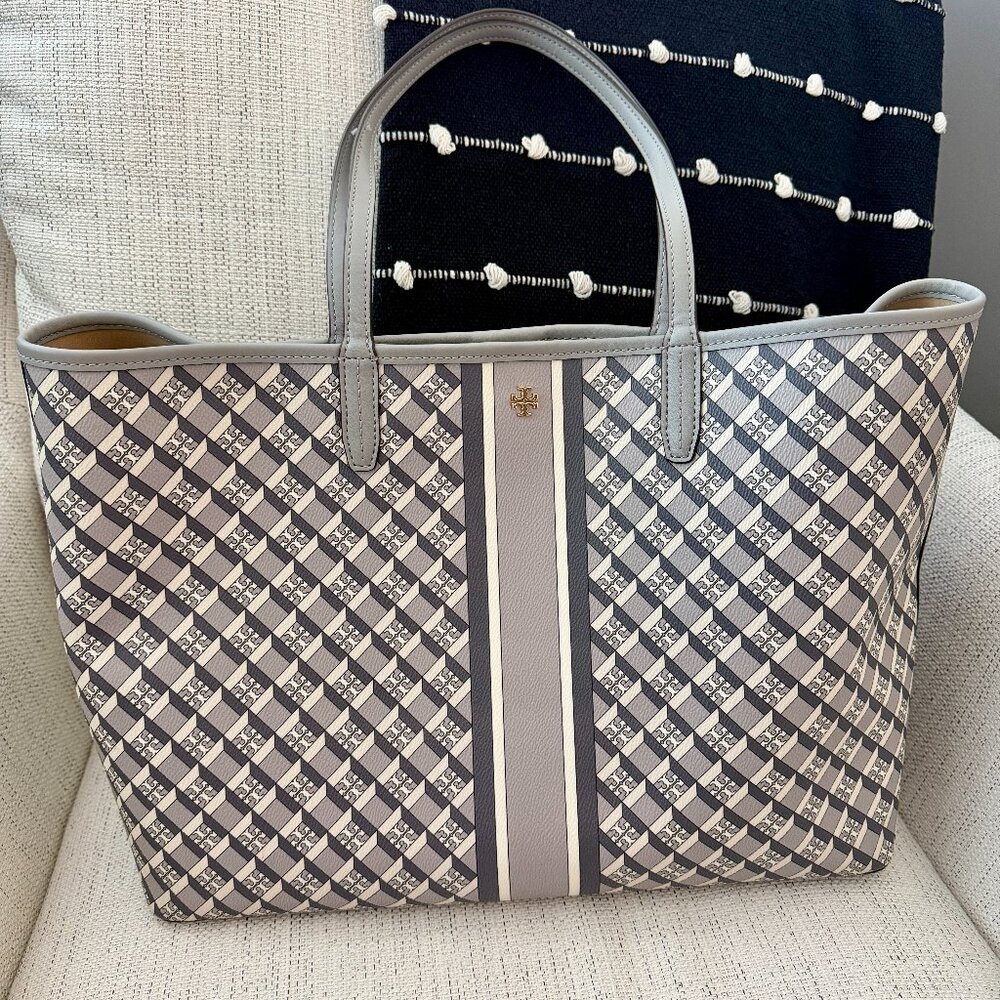 Tory Burch Gray Patterned Canvas Tote with Center Stripe